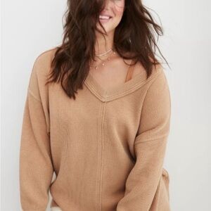Aerie V-Neck Wonder Textured Sweatshirt in Tan size Small Oversized